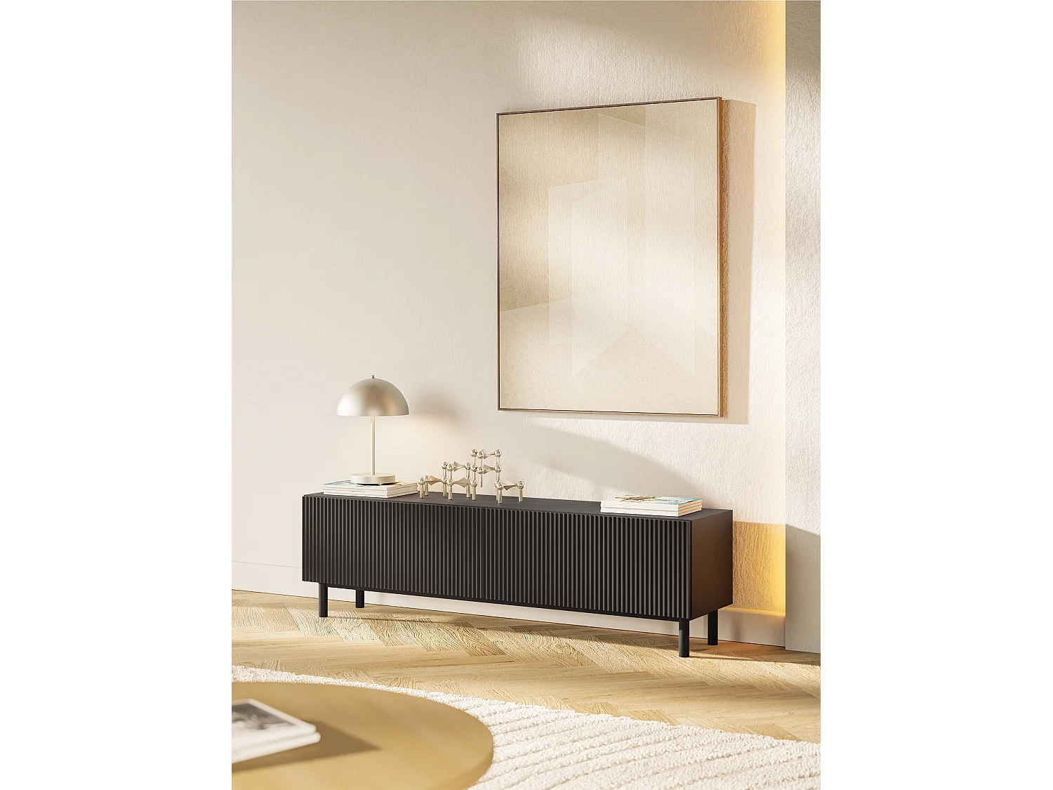 Meuble TV avec façade à rainures – 140 cm – noir – Veldio New