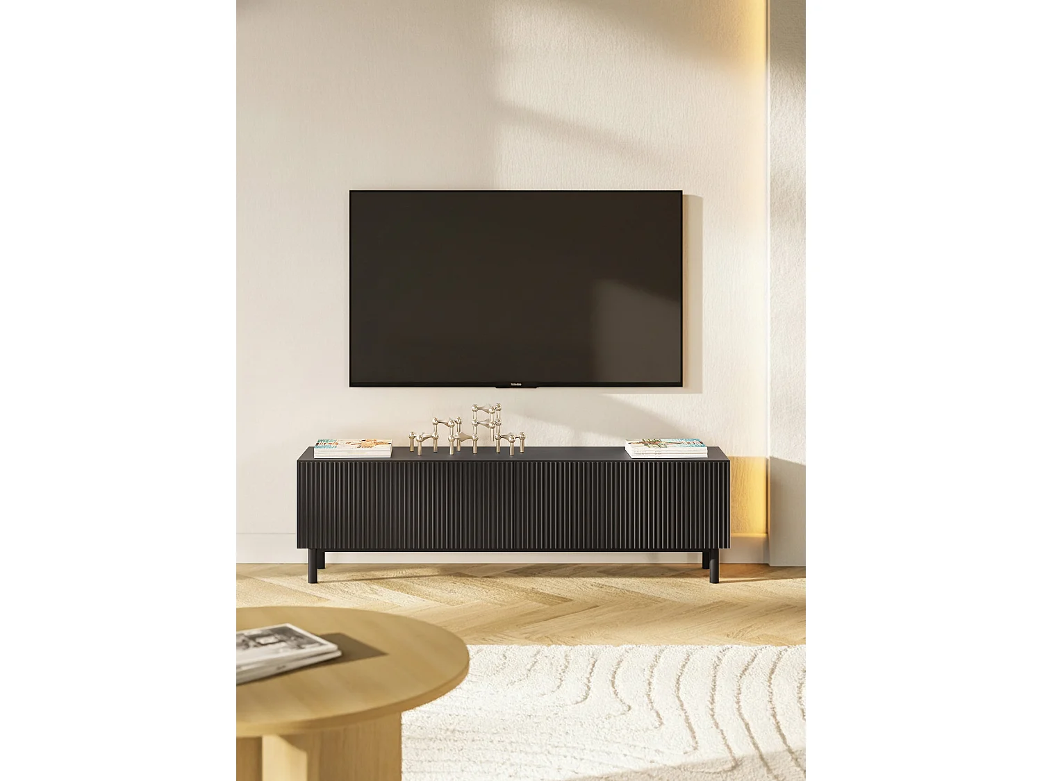 Meuble TV avec façade à rainures – 140 cm – noir – Veldio New