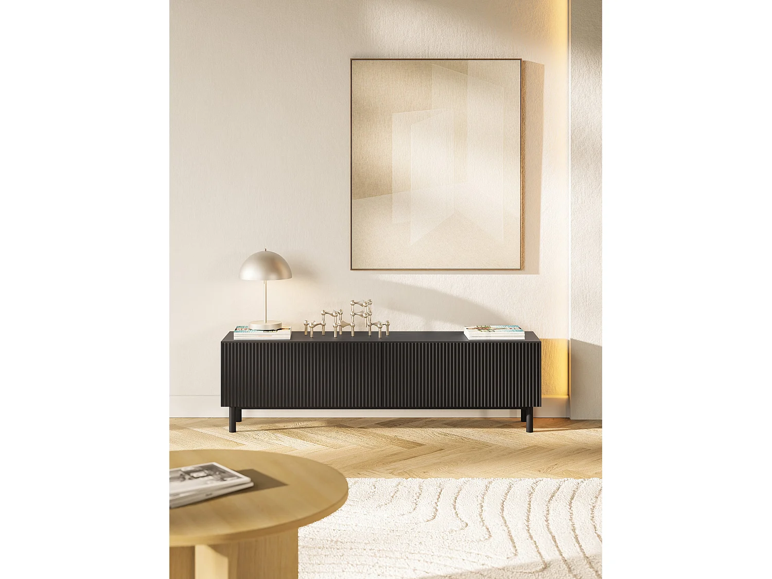 Meuble TV avec façade à rainures – 140 cm – noir – Veldio New