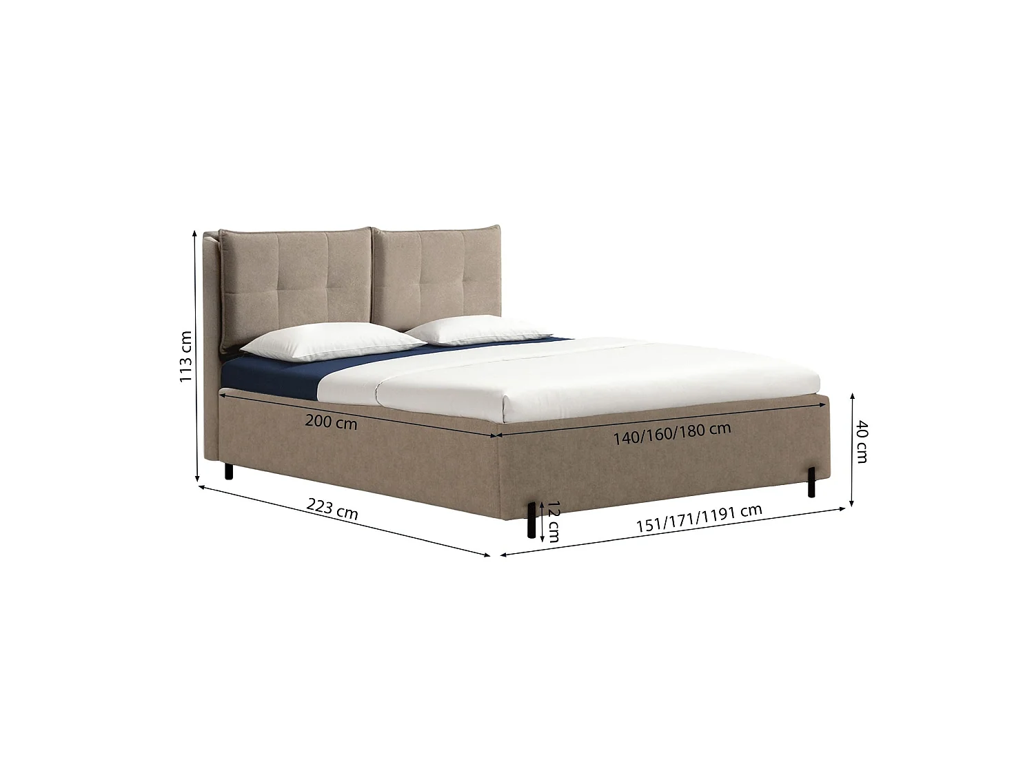 Lit capitonné 180x200 – dossiers rabattables – chenille hydrophobe – vert olive – BELLEO