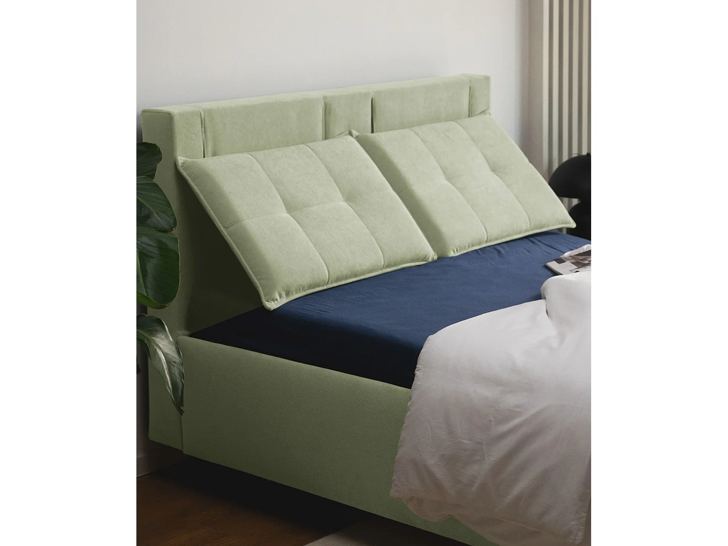 Lit capitonné 180x200 – dossiers rabattables – chenille hydrophobe – vert olive – BELLEO