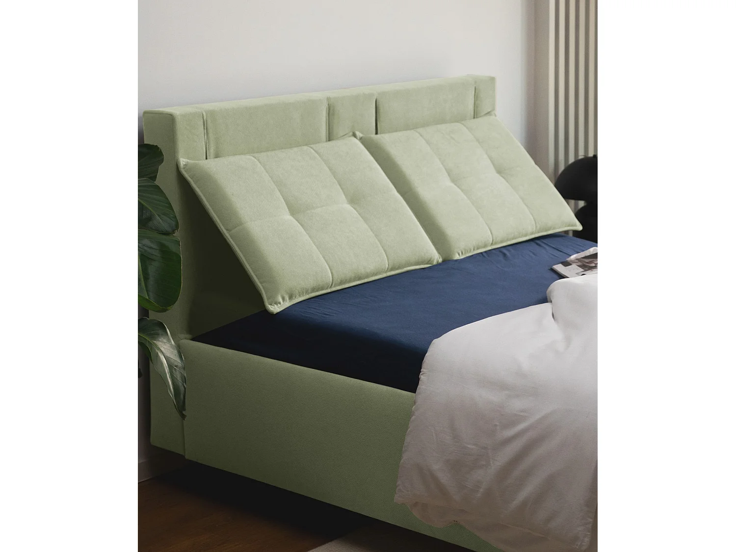 Polsterbett 160x200 mit klappbaren Rückenkissen – wasserfeste Chenille und Stauraum – Olivgrün – BELLEO