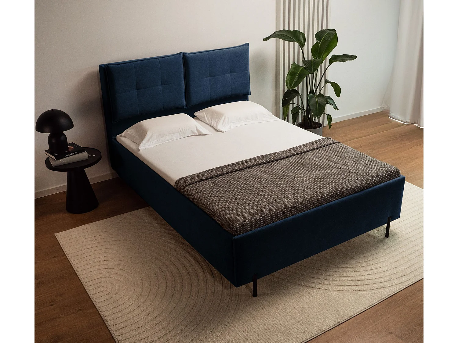 Polsterbett 160x200 mit klappbaren Rückenkissen – wasserfeste Chenille und Stauraum – Nachtblau – BELLEO