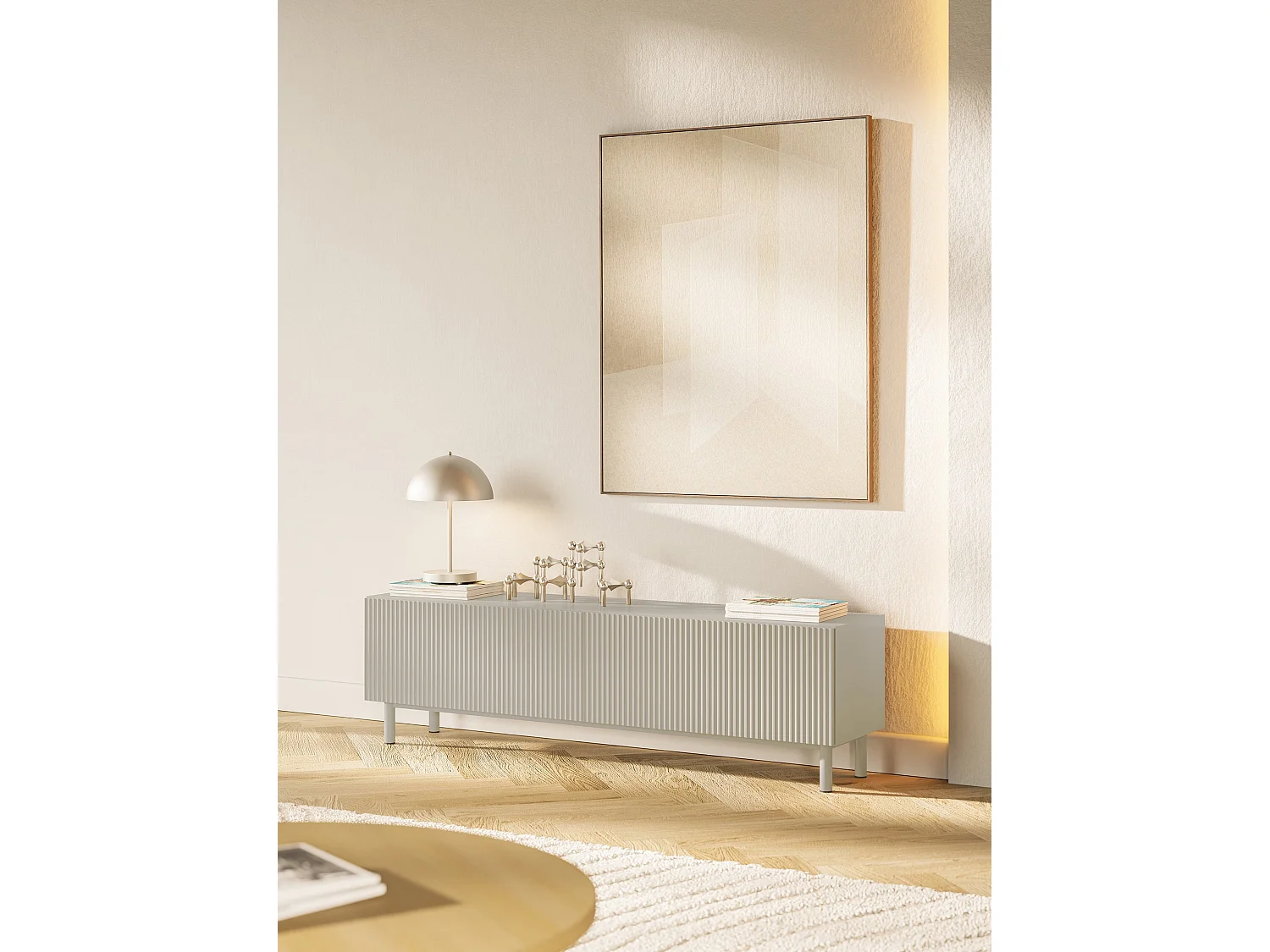 Meuble TV avec façade à rainures – 140 cm – greige – Veldio New