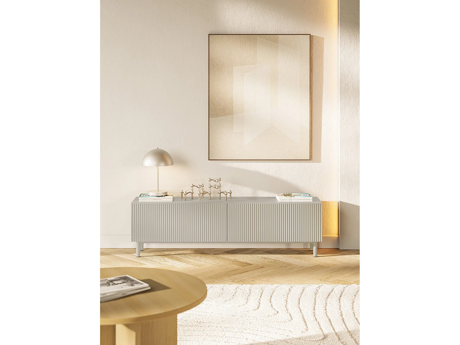 Meuble TV avec façade à rainures – 140 cm – greige – Veldio New