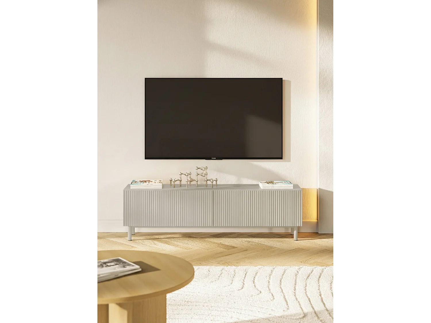 Meuble TV avec façade à rainures – 140 cm – greige – Veldio New