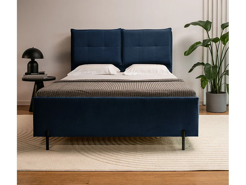 Lit capitonné 140x200 – dossiers rabattables – chenille hydrophobe – bleu nuit – BELLEO