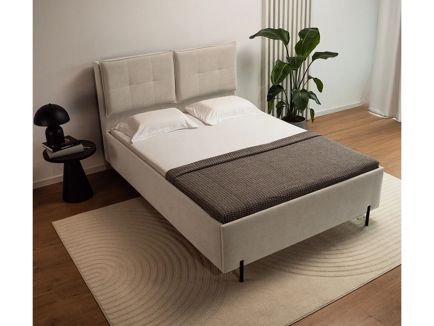 Lit capitonné 180x200 – dossiers rabattables – chenille hydrophobe – beige – BELLEO