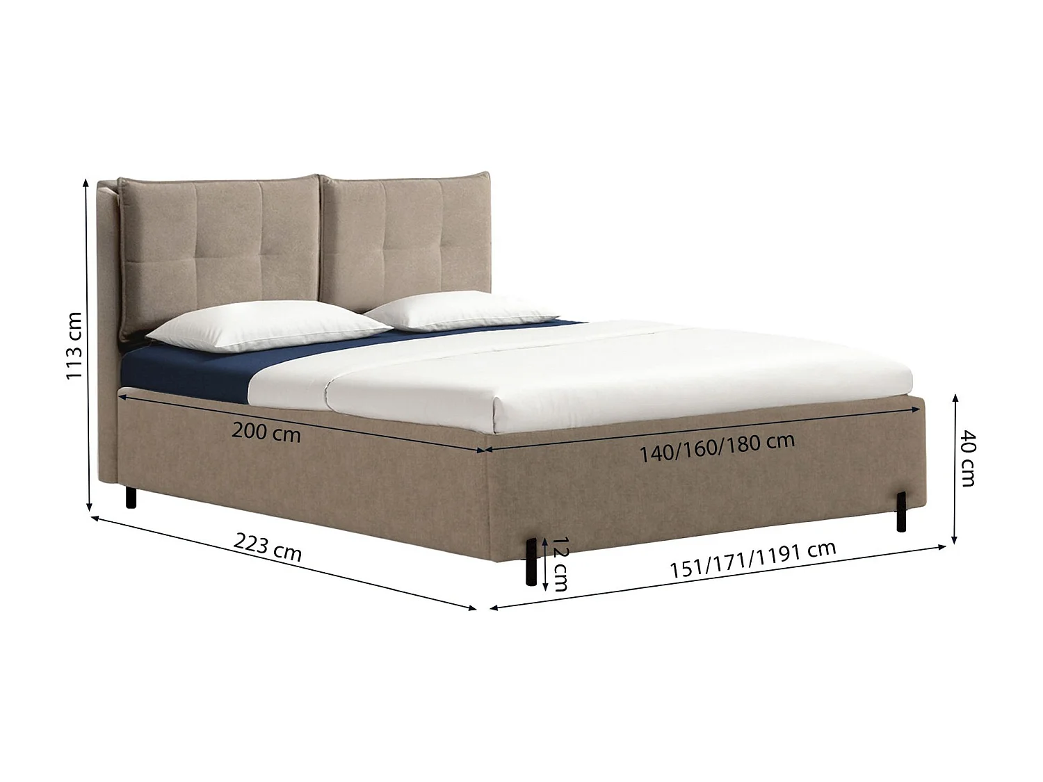 Lit capitonné 180x200 – dossiers rabattables – chenille hydrophobe – beige – BELLEO