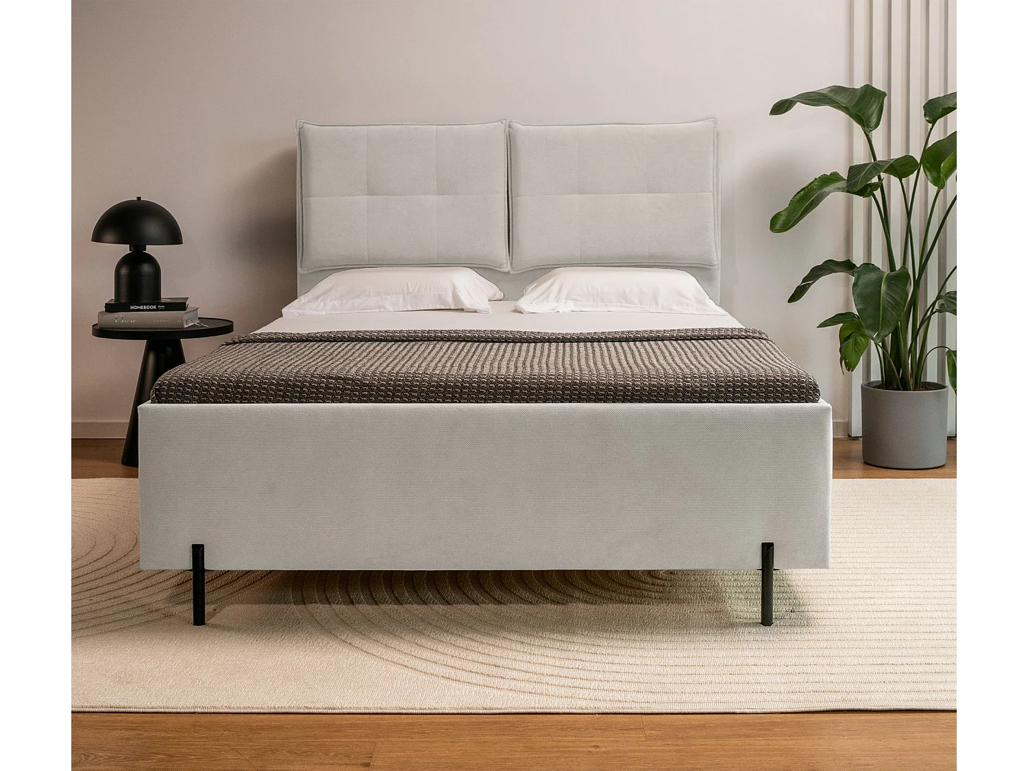 Polsterbett 160x200 mit klappbaren Rückenkissen – wasserfeste Chenille und Stauraum – Graubeige – BELLEO