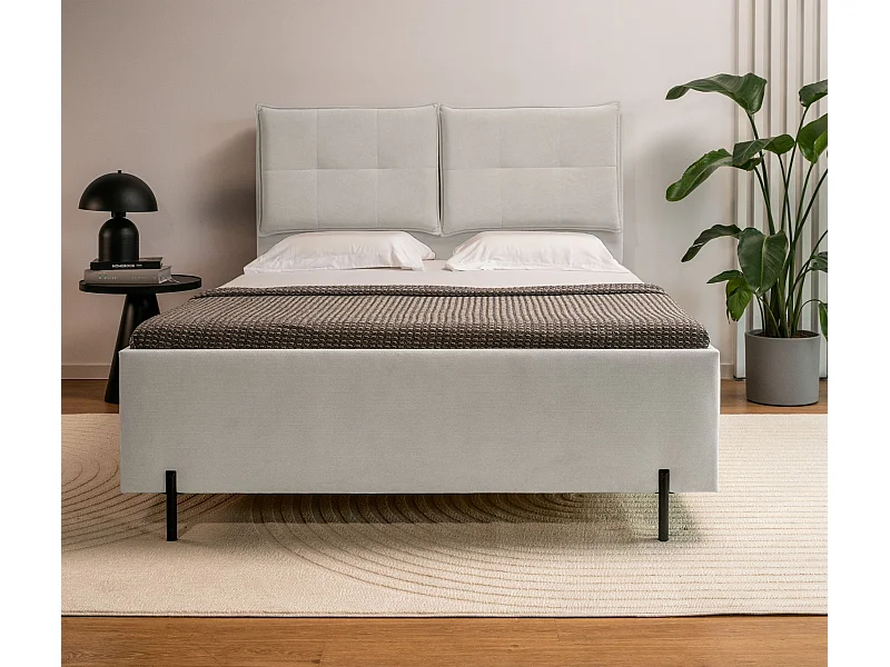 Lit capitonné 160x200 – dossiers rabattables – chenille hydrophobe – grège – BELLEO