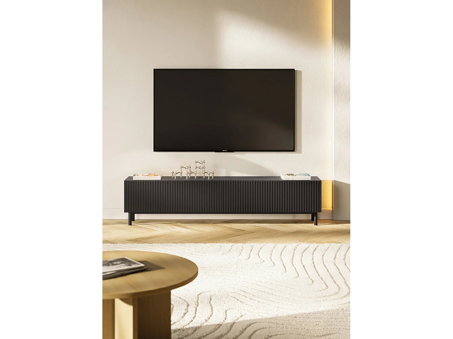 Meuble TV avec façade à rainures – 175 cm – noir – Veldio New
