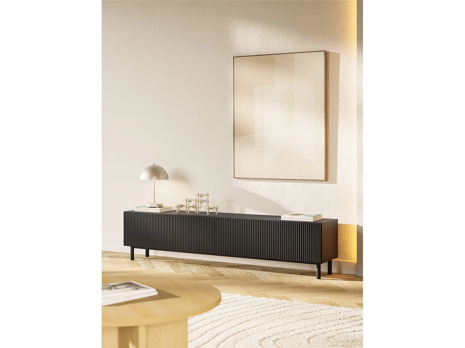 Mobile TV con frontale a doghe – Nero – 175 cm – VELDIO NEW