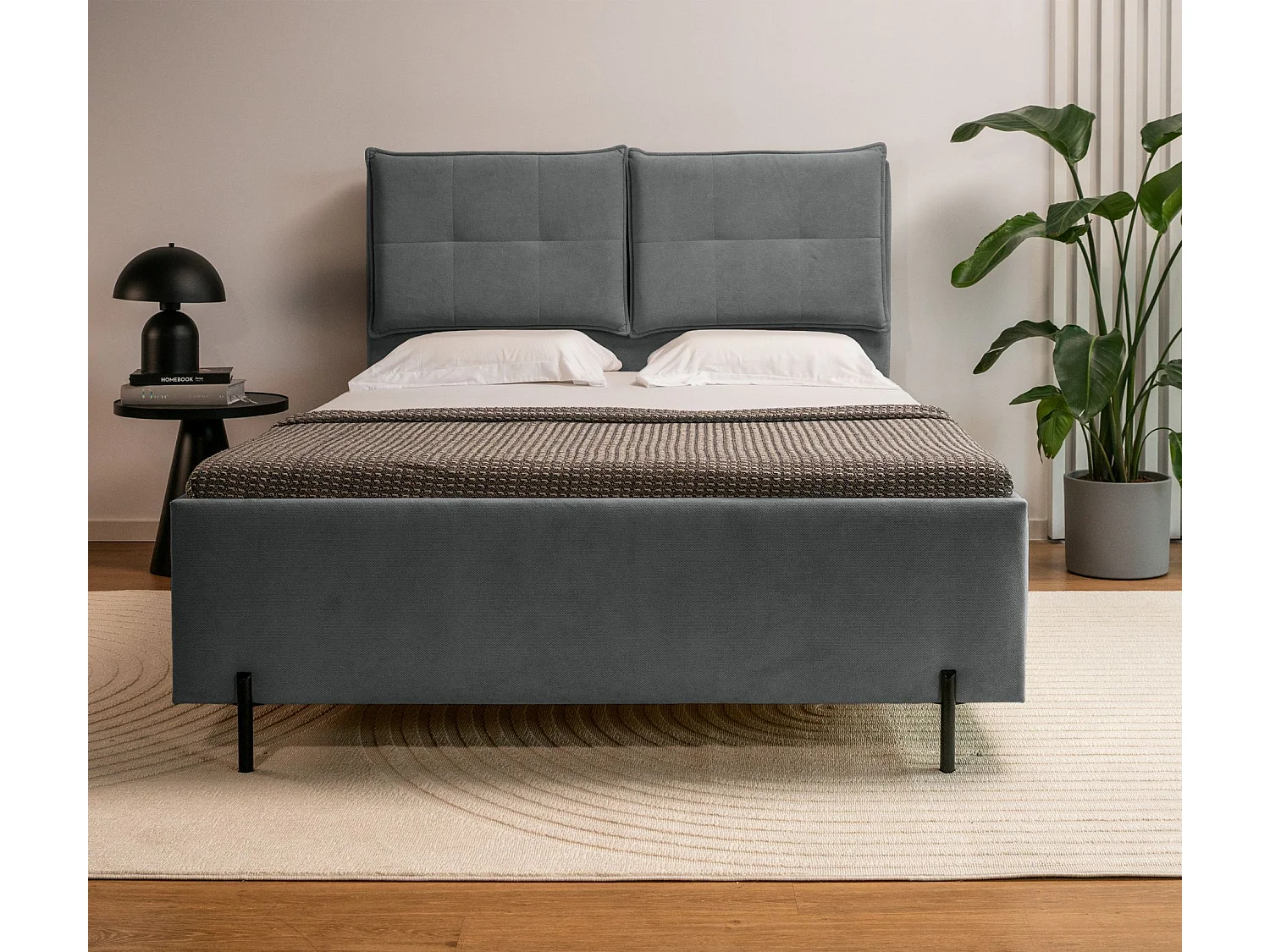 Gestoffeerd bed 160x200 met klaprugkussens – waterbestendige chenille – donkergrijs – BELLEO