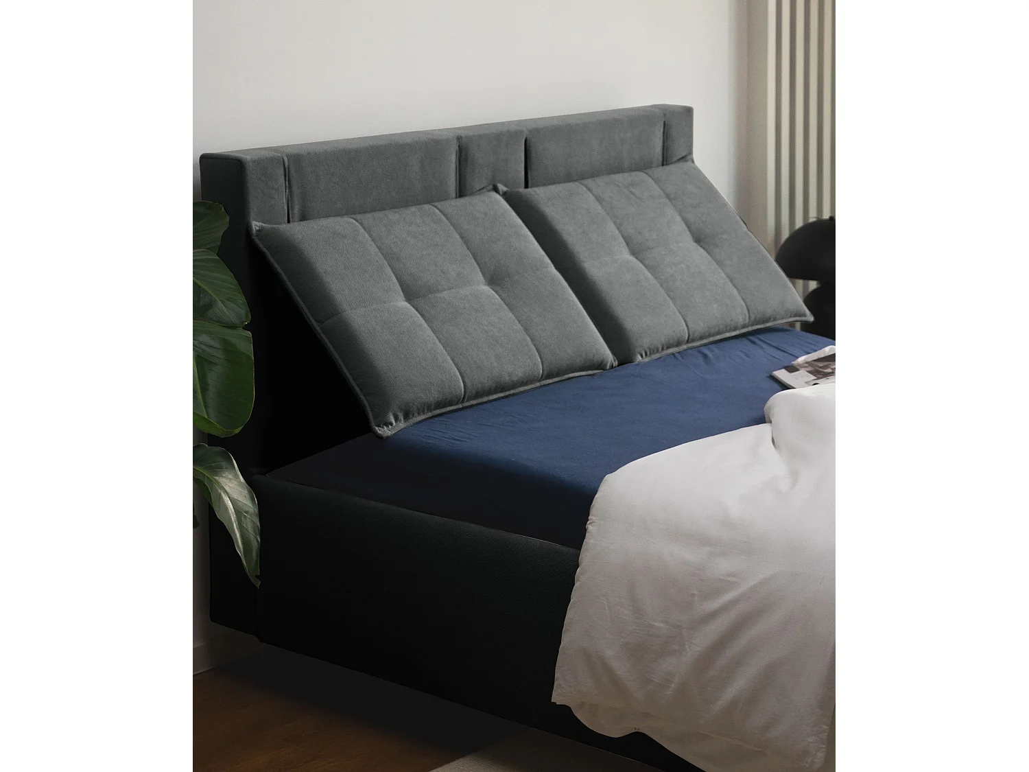 Polsterbett 140x200 mit klappbaren Rückenkissen – wasserfeste Chenille und Stauraum – Dunkelgrau – BELLEO