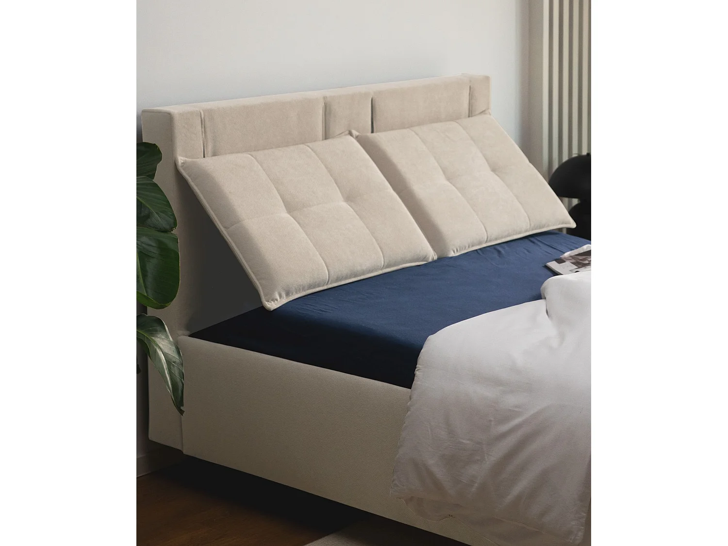 Polsterbett 140x200 mit klappbaren Rückenkissen – wasserfeste Chenille und Stauraum – Beige – BELLEO