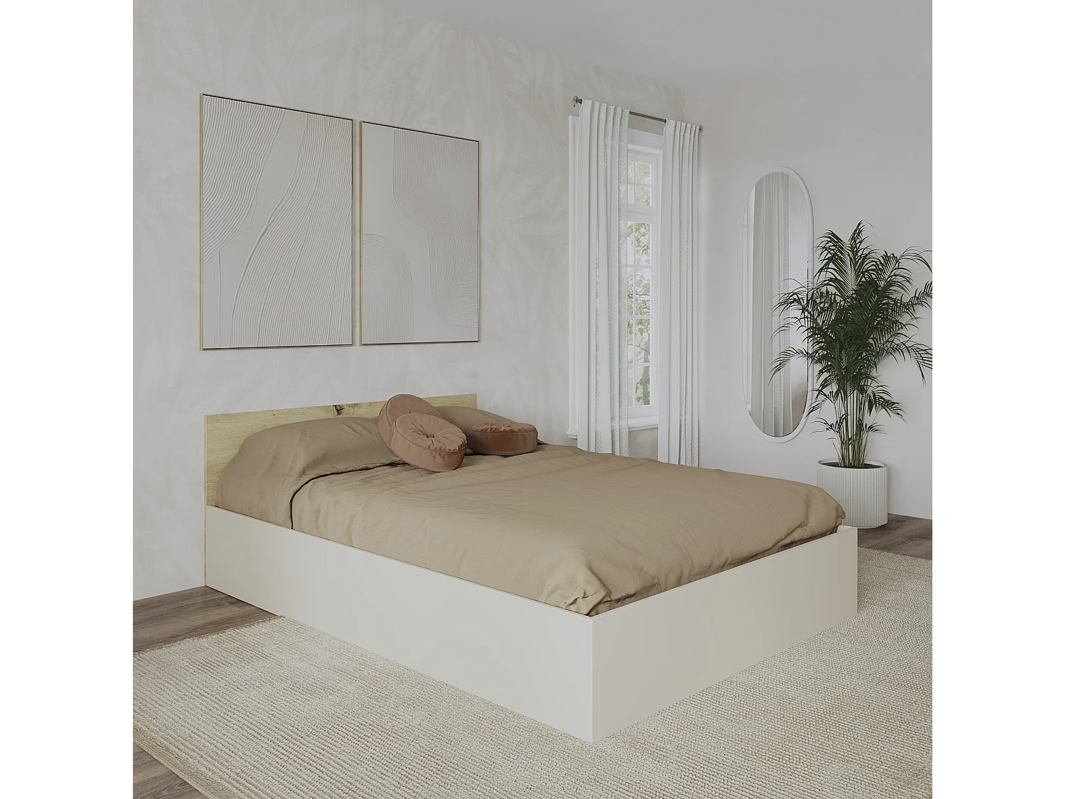 Cama haaus Malmo 200x140 cm com colchão de espuma incluído, Carvalho Artisan / Argila