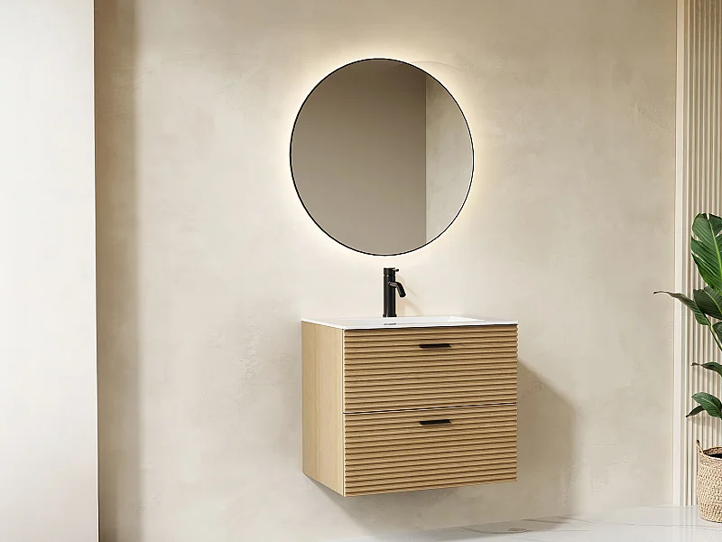 Mobile bagno sospeso scanalato con lavabo da incasso e rubinetto - 2 cassetti - Naturale chiaro - 60 cm - SARONE