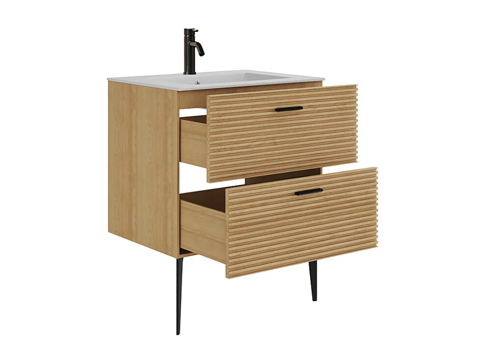 Meuble de salle de bain strié sur pieds avec vasque à encastrer et robinet - 2 tiroirs - Naturel clair - 60 cm - SARONE