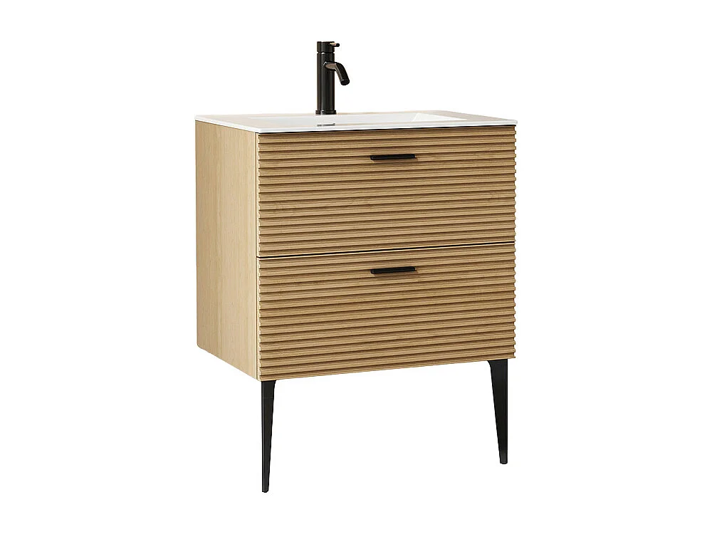 Meuble de salle de bain strié sur pieds avec vasque à encastrer et robinet - 2 tiroirs - Naturel clair - 60 cm - SARONE