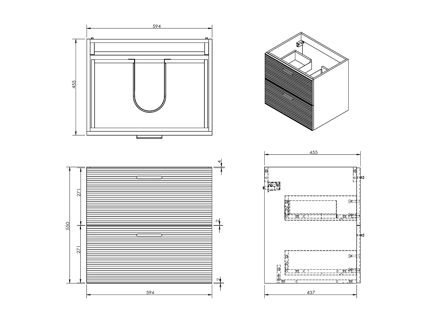 Meuble de salle de bain strié sur pieds avec vasque à encastrer, robinet et colonne - 2 tiroirs - Naturel clair - 60 cm - SARONE