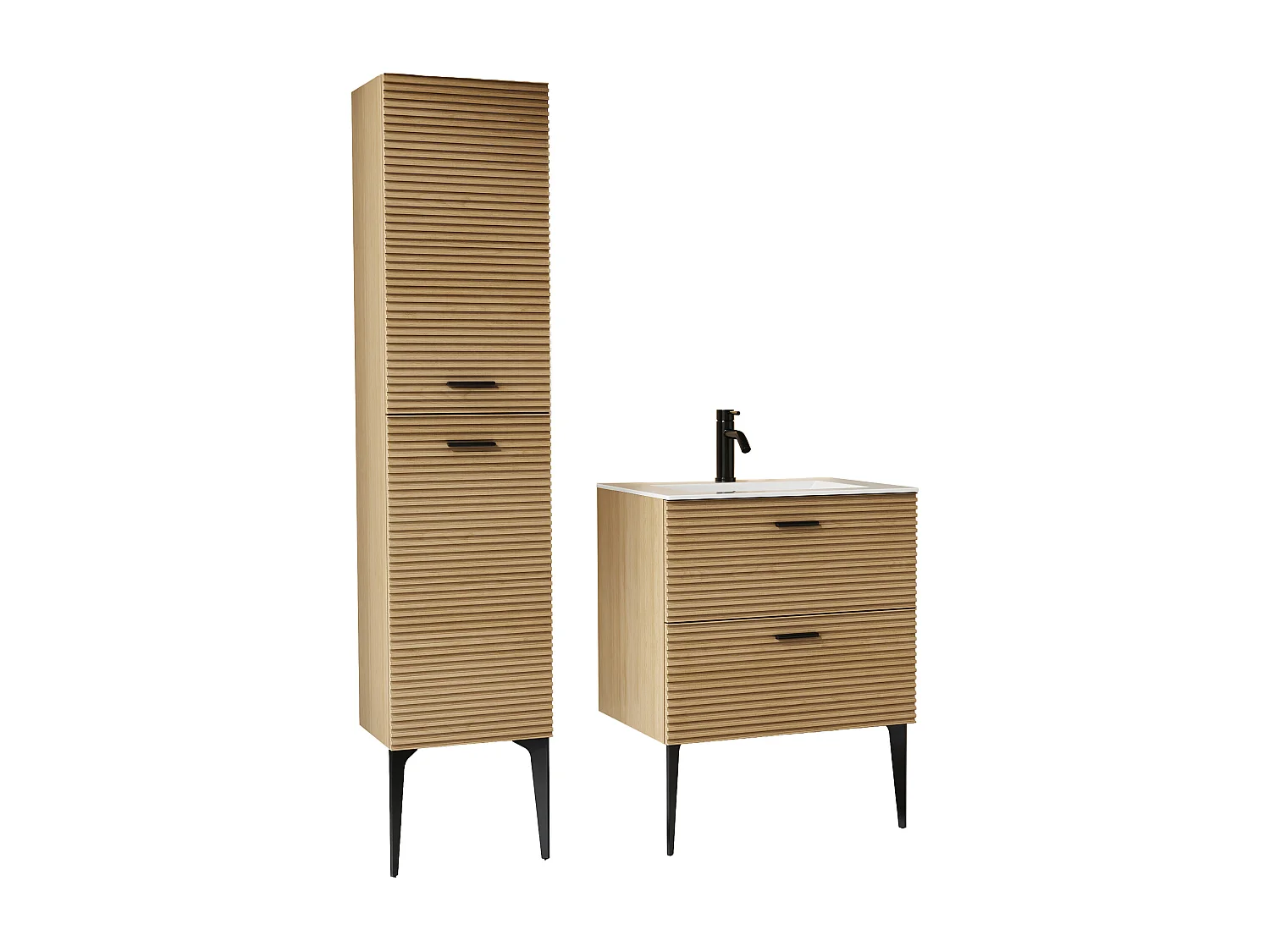 Meuble de salle de bain strié sur pieds avec vasque à encastrer, robinet et colonne - 2 tiroirs - Naturel clair - 60 cm - SARONE