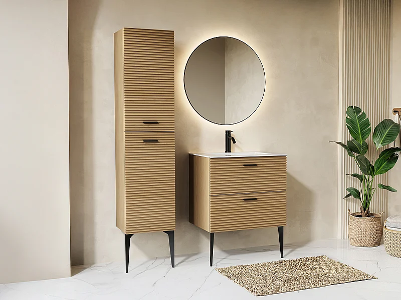 Meuble de salle de bain strié sur pieds avec vasque à encastrer, robinet et colonne - 2 tiroirs - Naturel clair - 60 cm - SARONE