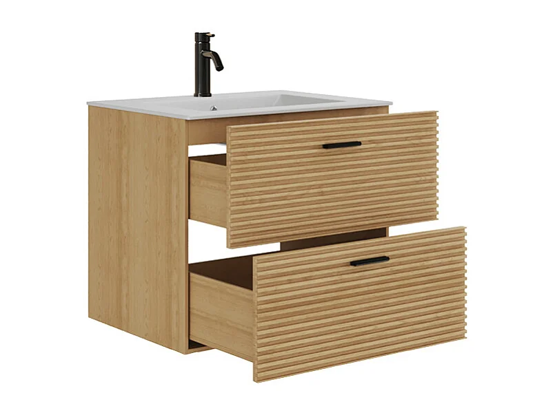 Meuble de salle de bain suspendu strié avec vasque à encastrer, robinet et colonne avec niche - 2 tiroirs - Naturel clair - 60 cm - SARONE