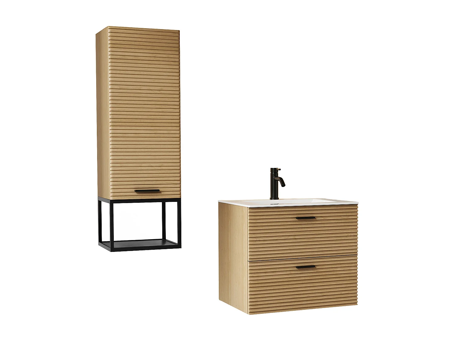 Meuble de salle de bain suspendu strié avec vasque à encastrer, robinet et colonne avec niche - 2 tiroirs - Naturel clair - 60 cm - SARONE