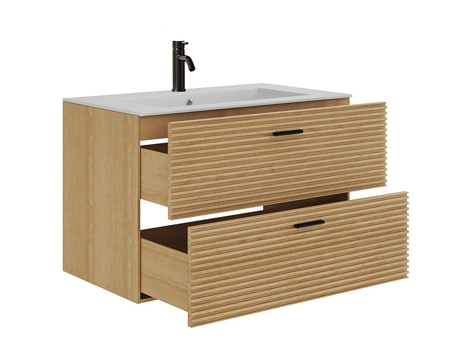 Meuble de salle de bain suspendu strié avec vasque à encastrer et robinet - 2 tiroirs - Naturel clair - 80 cm - SARONE