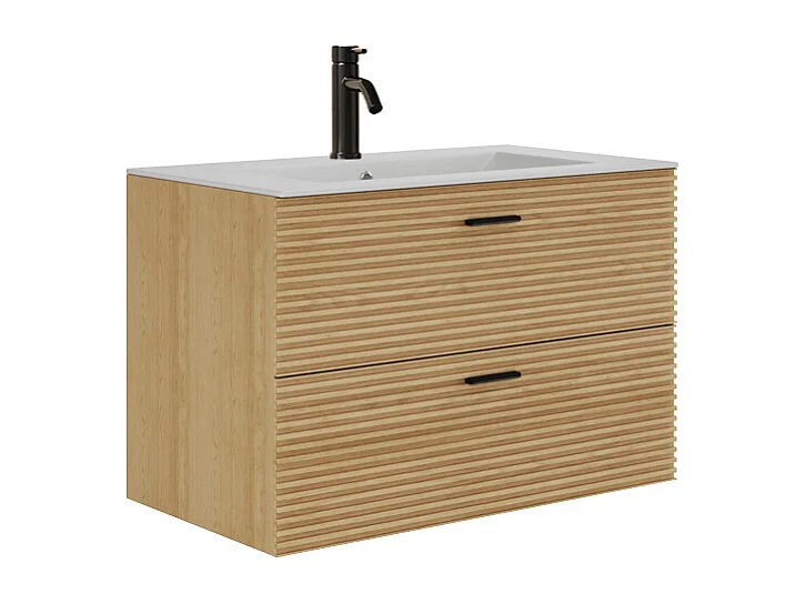 Meuble de salle de bain suspendu strié avec vasque à encastrer et robinet - 2 tiroirs - Naturel clair - 80 cm - SARONE