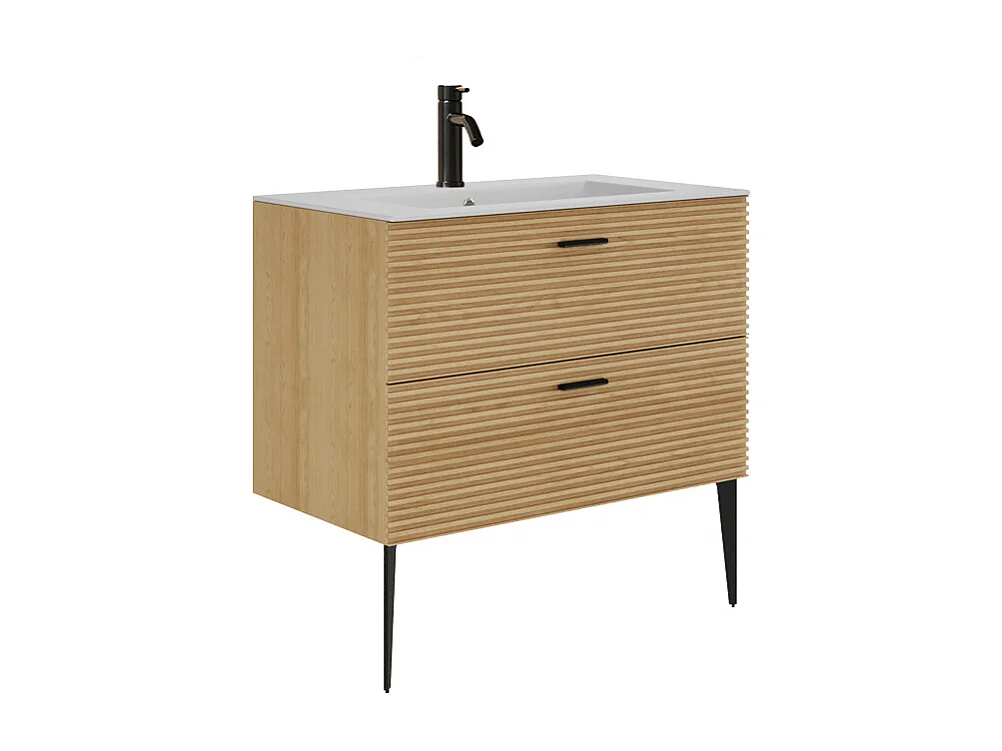 Meuble de salle de bain strié sur pieds avec vasque à encastrer et robinet - 2 tiroirs - Naturel clair - 80 cm - SARONE