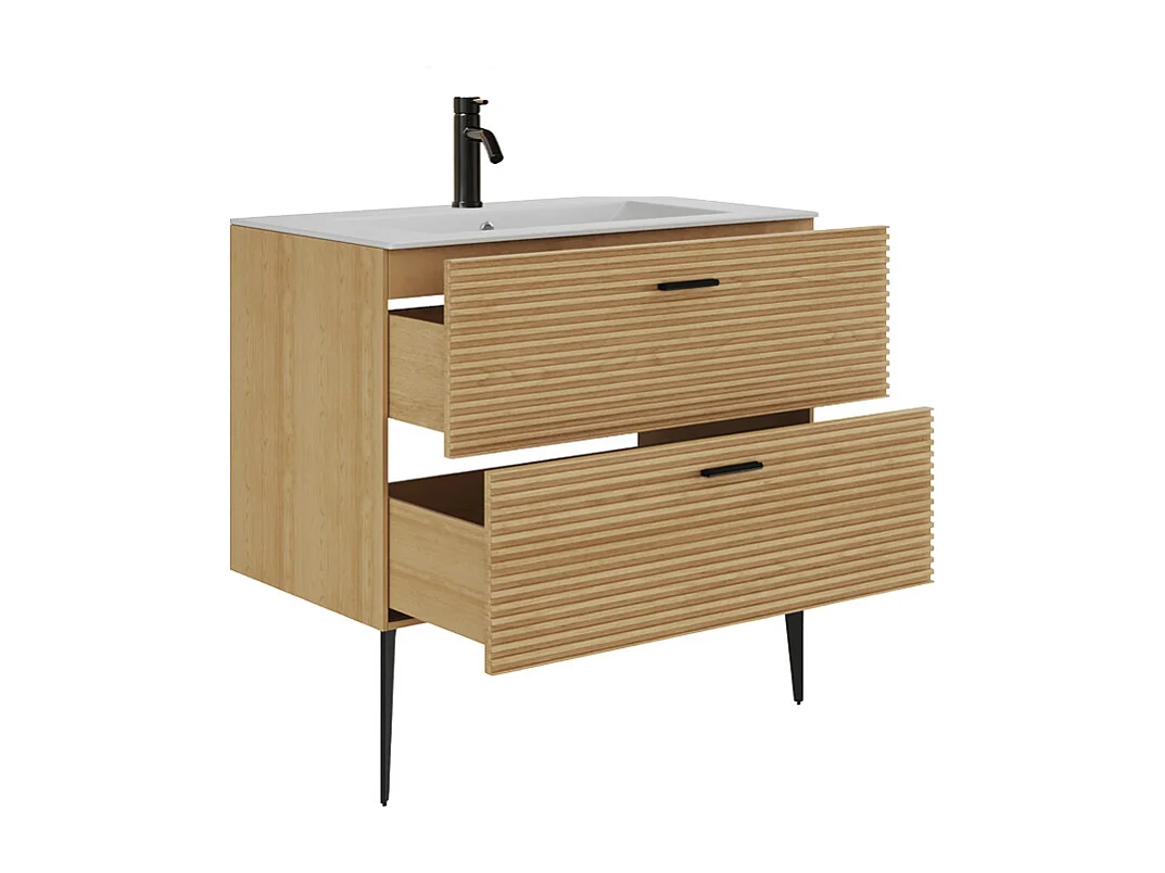 Meuble de salle de bain strié sur pieds avec vasque à encastrer et robinet - 2 tiroirs - Naturel clair - 80 cm - SARONE