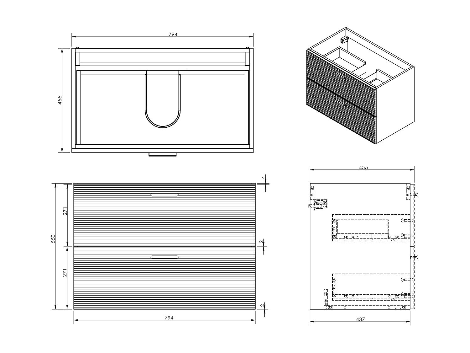 Meuble de salle de bain strié sur pieds avec vasque à encastrer, robinet et colonne - 2 tiroirs - Naturel clair - 80 cm - SARONE