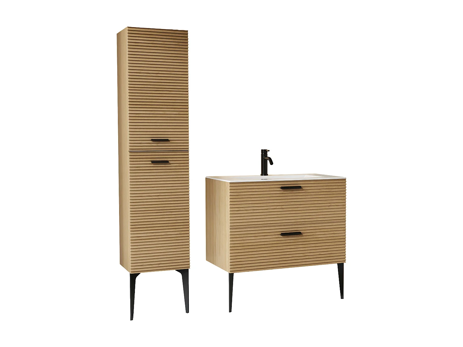 Meuble de salle de bain strié sur pieds avec vasque à encastrer, robinet et colonne - 2 tiroirs - Naturel clair - 80 cm - SARONE