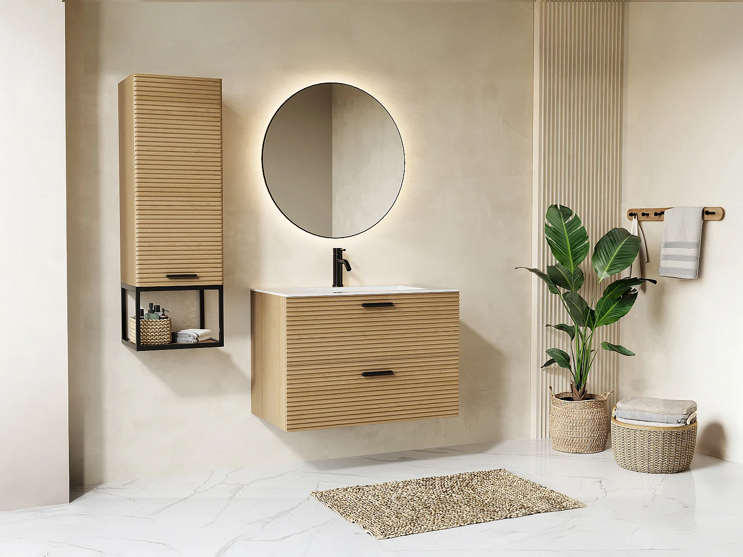 Meuble de salle de bain suspendu strié avec vasque à encastrer, robinet et colonne avec niche - 2 tiroirs - Naturel clair - 80 cm - SARONE