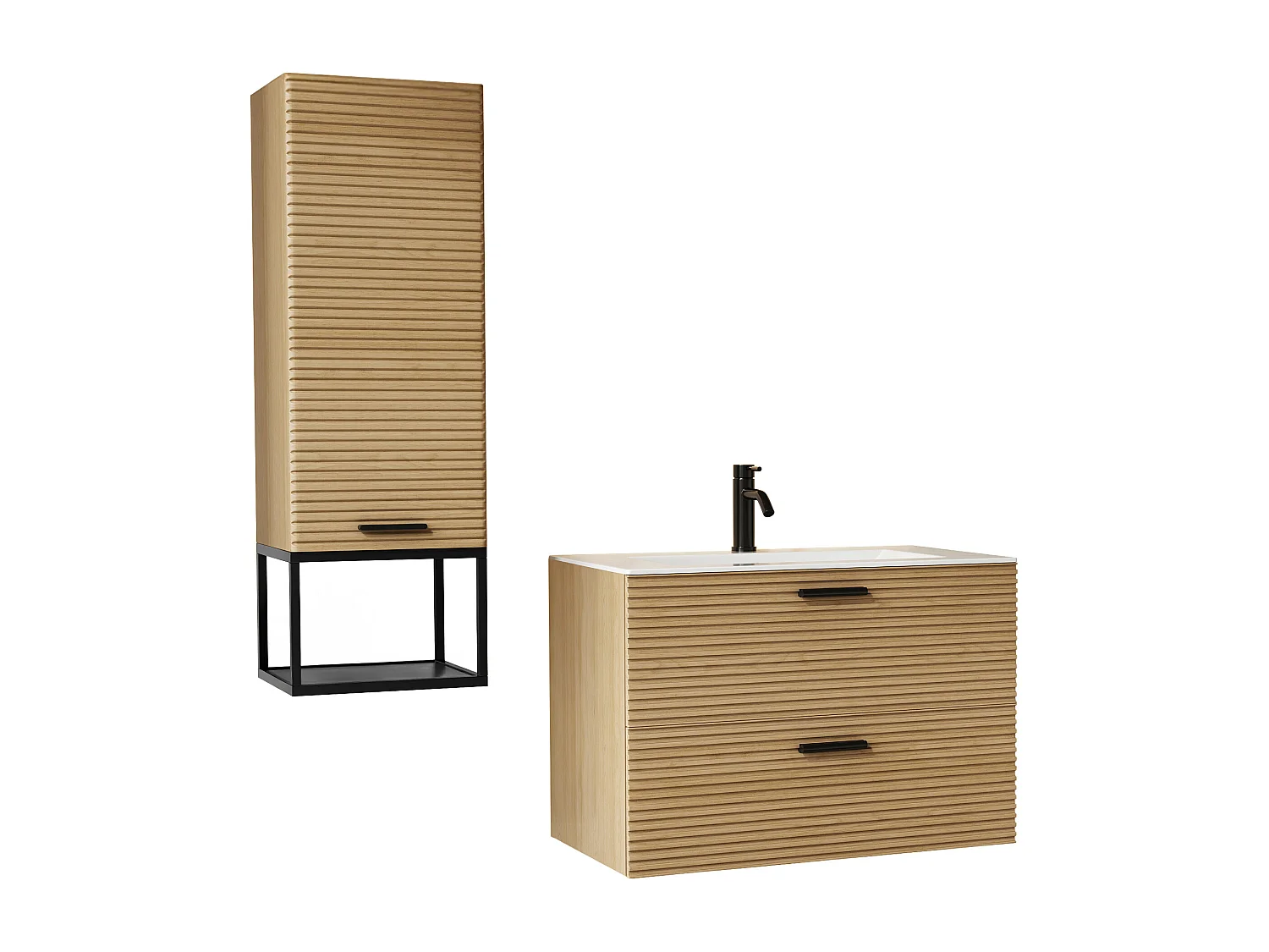 Meuble de salle de bain suspendu strié avec vasque à encastrer, robinet et colonne avec niche - 2 tiroirs - Naturel clair - 80 cm - SARONE