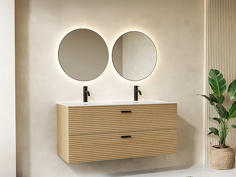 Meuble de salle de bain suspendu strié avec vasque à encastrer et robinet - 2 tiroirs - Naturel clair - 120 cm - SARONE