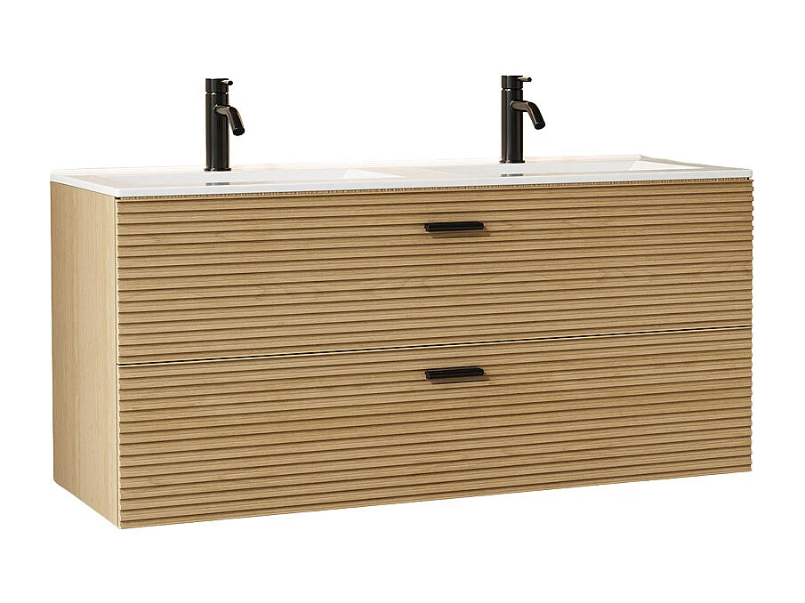 Meuble de salle de bain suspendu strié avec vasque à encastrer et robinet - 2 tiroirs - Naturel clair - 120 cm - SARONE