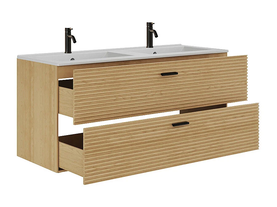 Meuble de salle de bain suspendu strié avec vasque à encastrer et robinet - 2 tiroirs - Naturel clair - 120 cm - SARONE