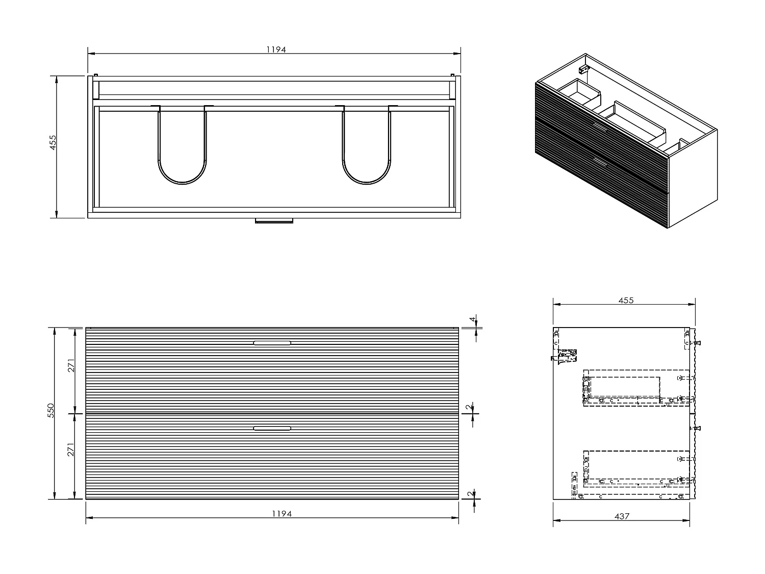 Meuble de salle de bain suspendu strié avec vasque à encastrer et robinet - 2 tiroirs - Naturel clair - 120 cm - SARONE