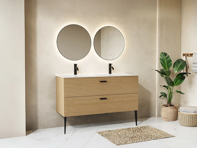 Meuble de salle de bain strié sur pieds avec vasque à encastrer et robinet - 2 tiroirs - Naturel clair - 120 cm - SARONE