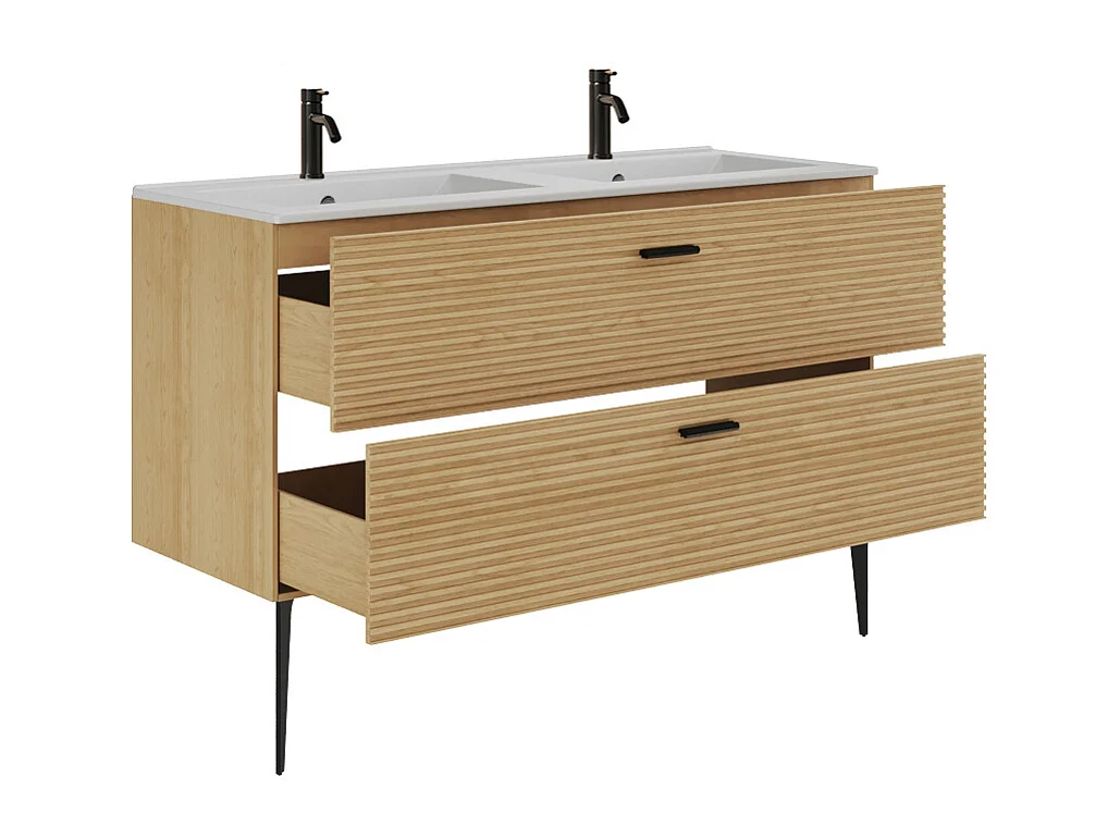 Meuble de salle de bain strié sur pieds avec vasque à encastrer et robinet - 2 tiroirs - Naturel clair - 120 cm - SARONE