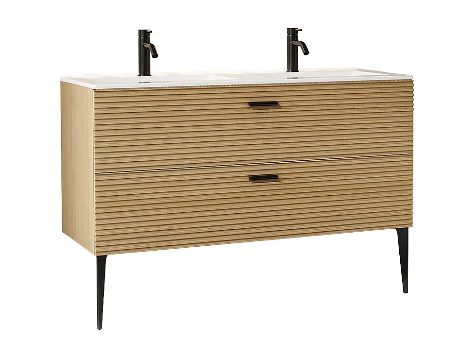 Meuble de salle de bain strié sur pieds avec vasque à encastrer et robinet - 2 tiroirs - Naturel clair - 120 cm - SARONE