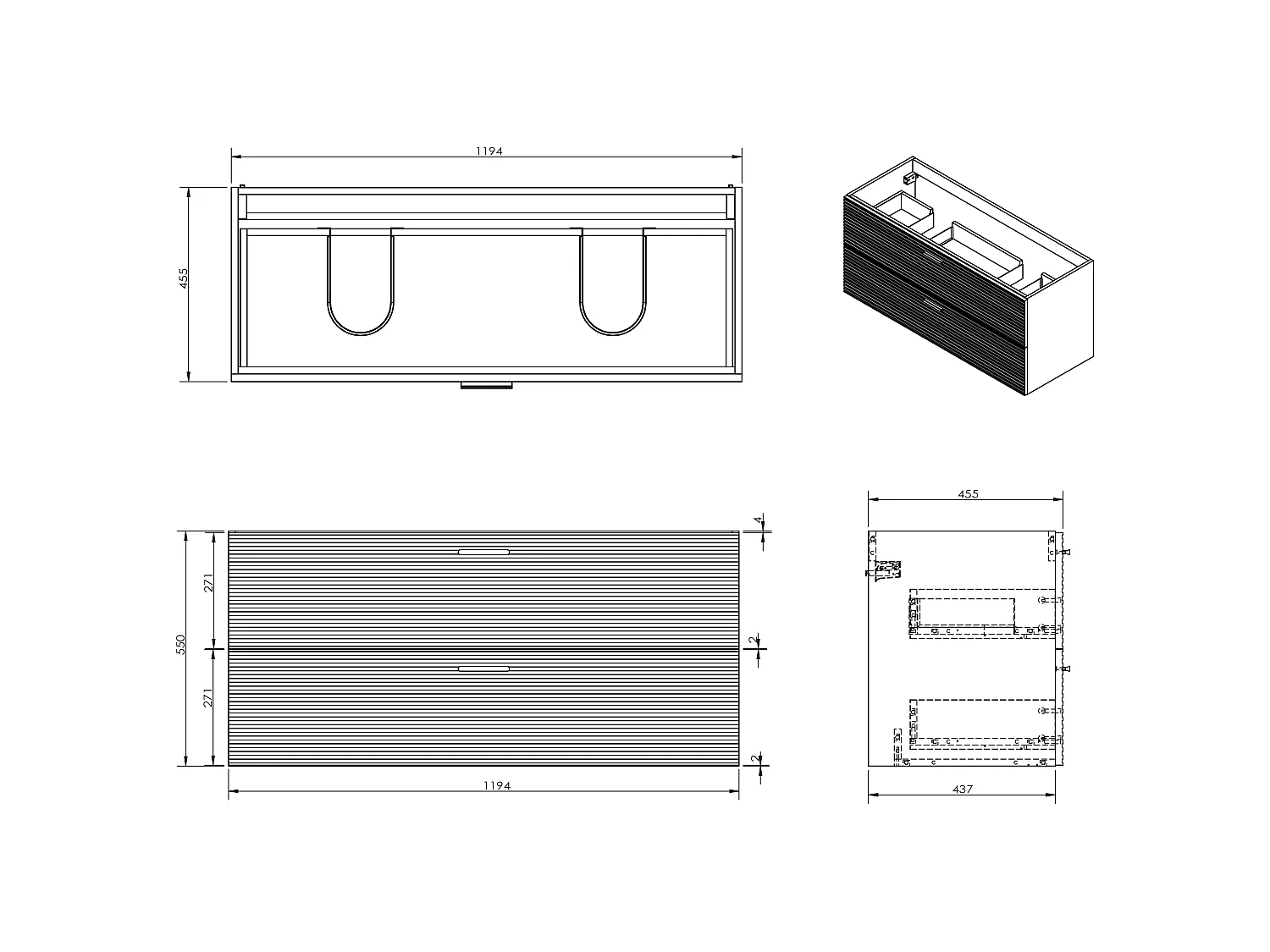 Meuble de salle de bain strié sur pieds avec vasque à encastrer, robinet et colonne - 2 tiroirs - Naturel clair - 120 cm - SARONE