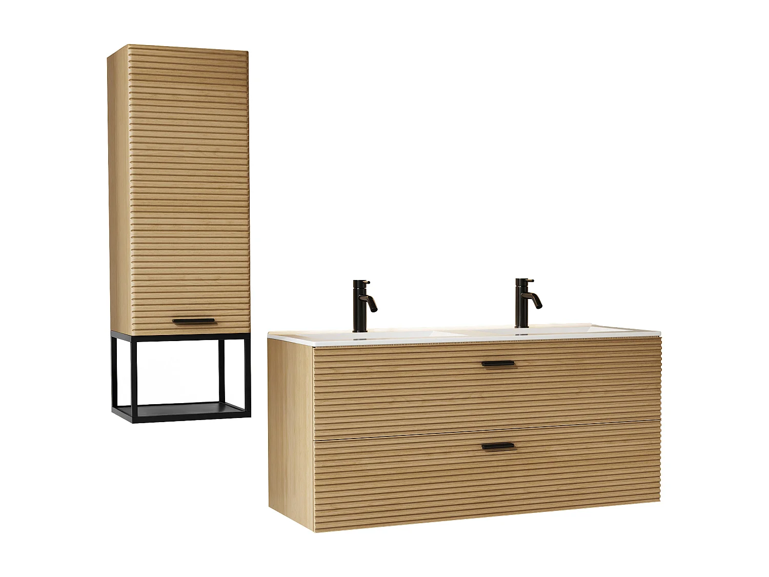 Meuble de salle de bain suspendu strié avec vasque à encastrer, robinet et colonne avec niche - 2 tiroirs - Naturel clair - 120 cm - SARONE