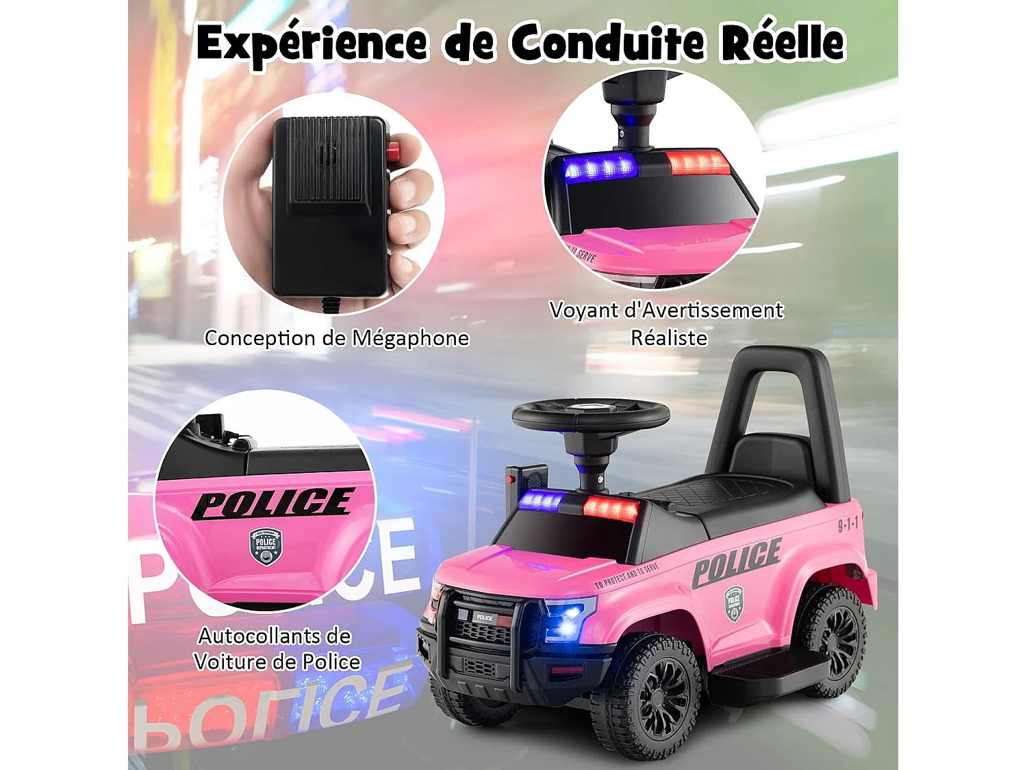 Voiture de Police Électrique Enfant avec Mégaphone, Lumières Clignotantes, Stockage Caché et Dispositif Anti-basculement – 1,5 à 5 ans