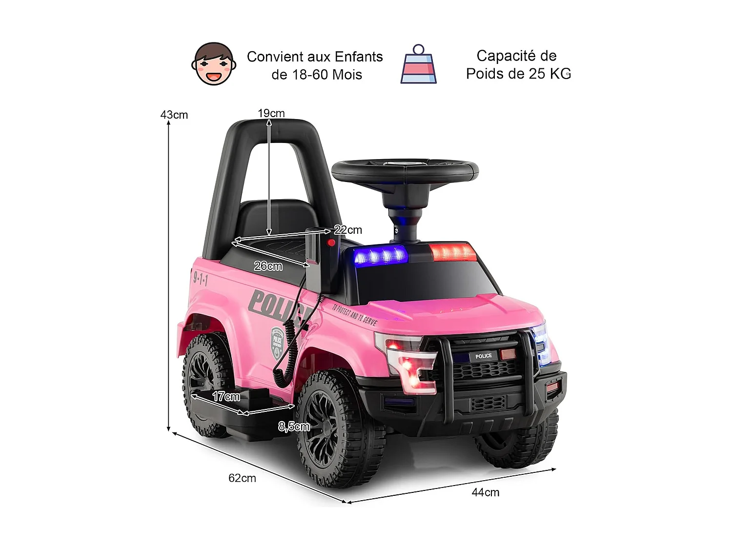 Voiture de Police Électrique Enfant avec Mégaphone, Lumières Clignotantes, Stockage Caché et Dispositif Anti-basculement – 1,5 à 5 ans