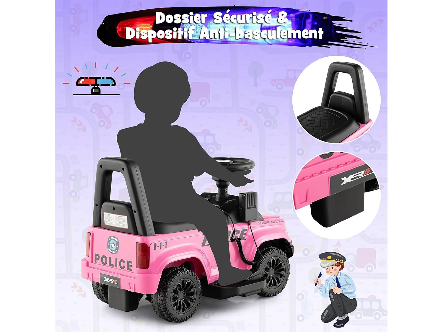 Voiture de Police Électrique Enfant avec Mégaphone, Lumières Clignotantes, Stockage Caché et Dispositif Anti-basculement – 1,5 à 5 ans
