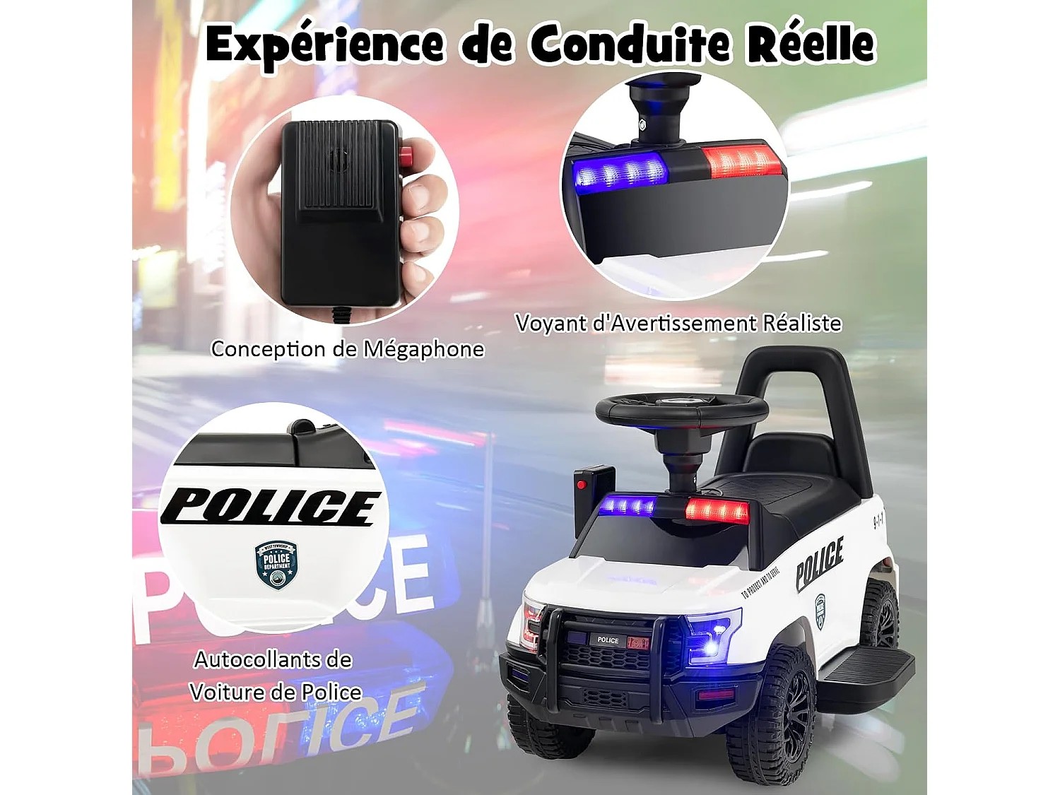 Porteur Voiture de Police Électrique Blanche avec Mégaphone, Lumières Clignotantes, Stockage Caché et Dispositif Anti-basculement
